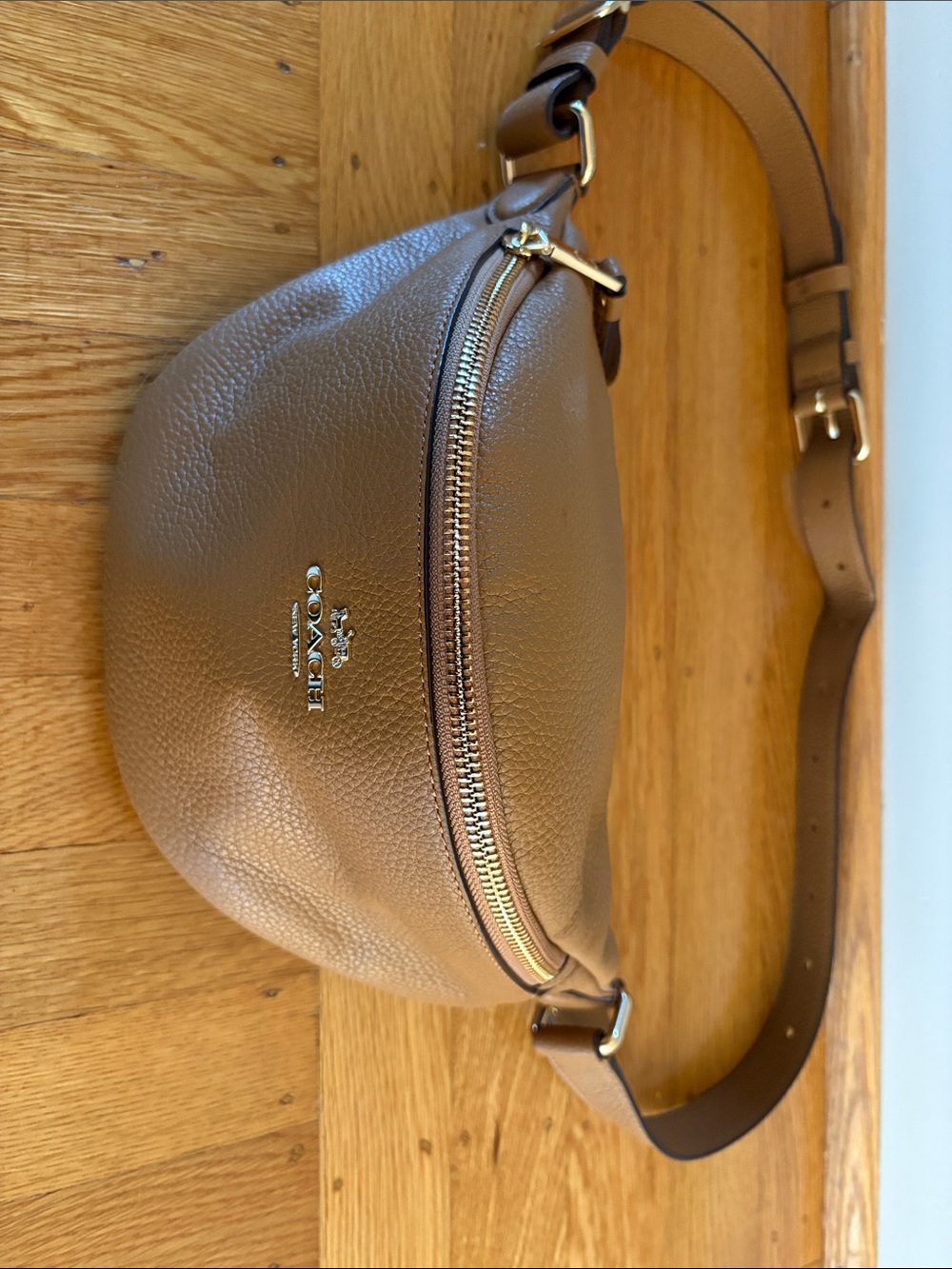 Coach Tan Pebbled Leather Crossbody Belt Bag with Gold Hardware